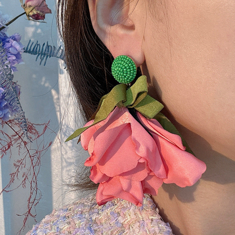 Wholesale Design Fabric Exaggerated Bow Flower Earrings